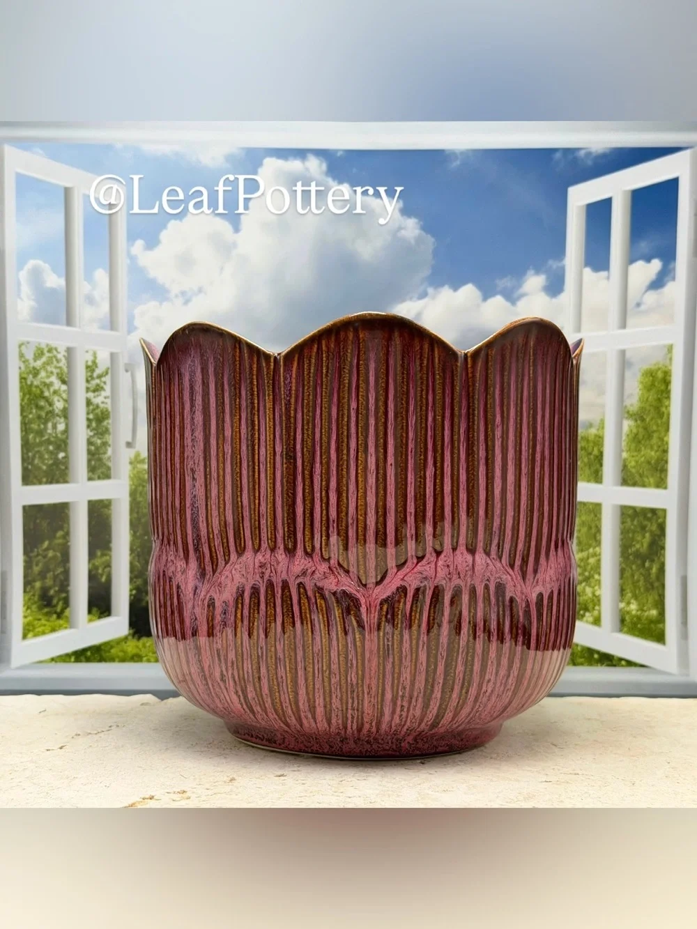 Ceramic Plant Pot with Drainage, 7 Inch Fluted Flower Planter, Pink Brown Glazed